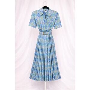 Leslie Fay Vintage Secretary Midi Pleated Belted Short Sleeve Dress Blue Sz 8